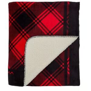 Victoria Secret "Pink" Throw Red Plaid with dogs and Hearts Sherpa Backing Plush